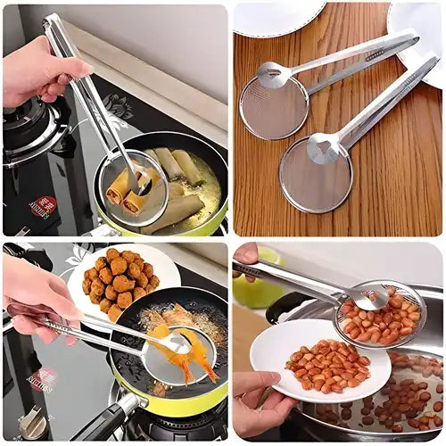 Stainless Steel 2 in 1 Fry Tool Filter Spoon Snack Strainer with Clip