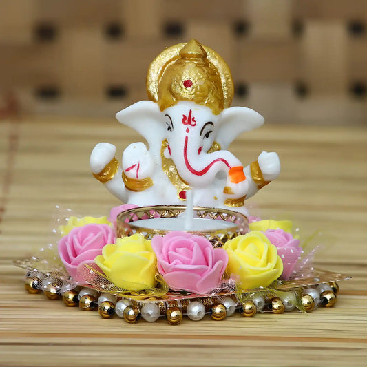 eCraftIndia Lord Ganesha Idol on Decorative Plate with Tea Light Holder