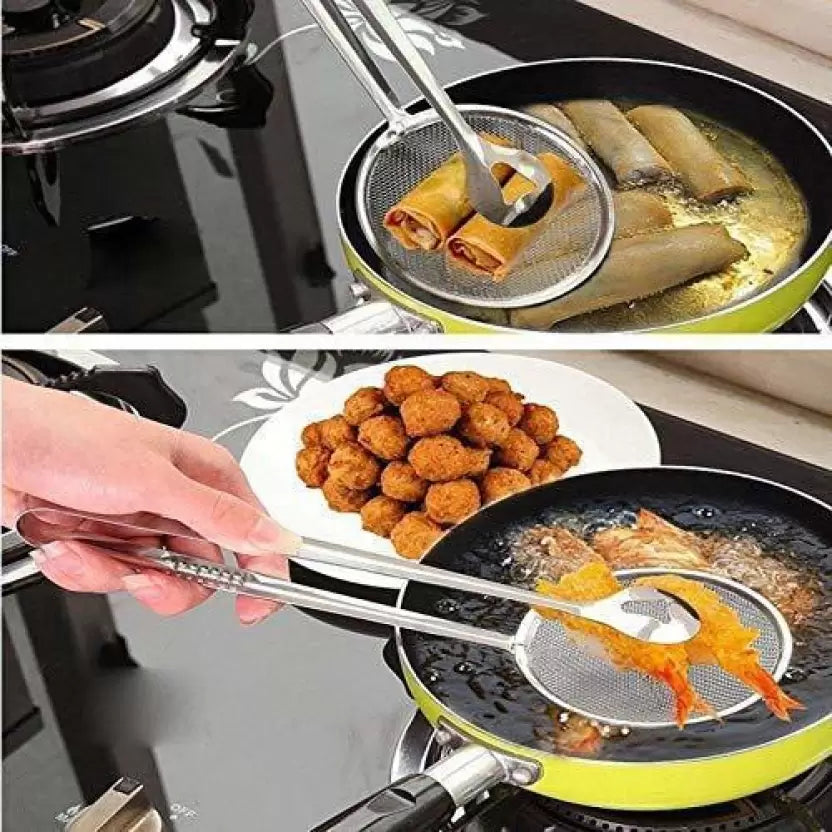 Stainless Steel 2 in 1 Fry Tool Filter Spoon Snack Strainer with Clip